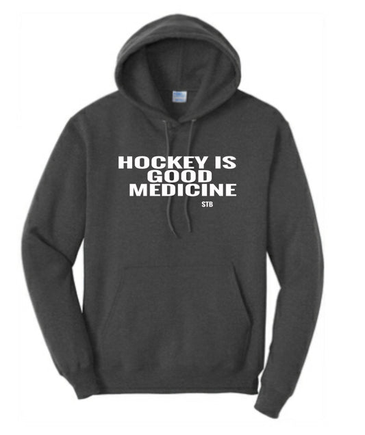 Hockey is Good Medicine Hoodie- Dark Grey