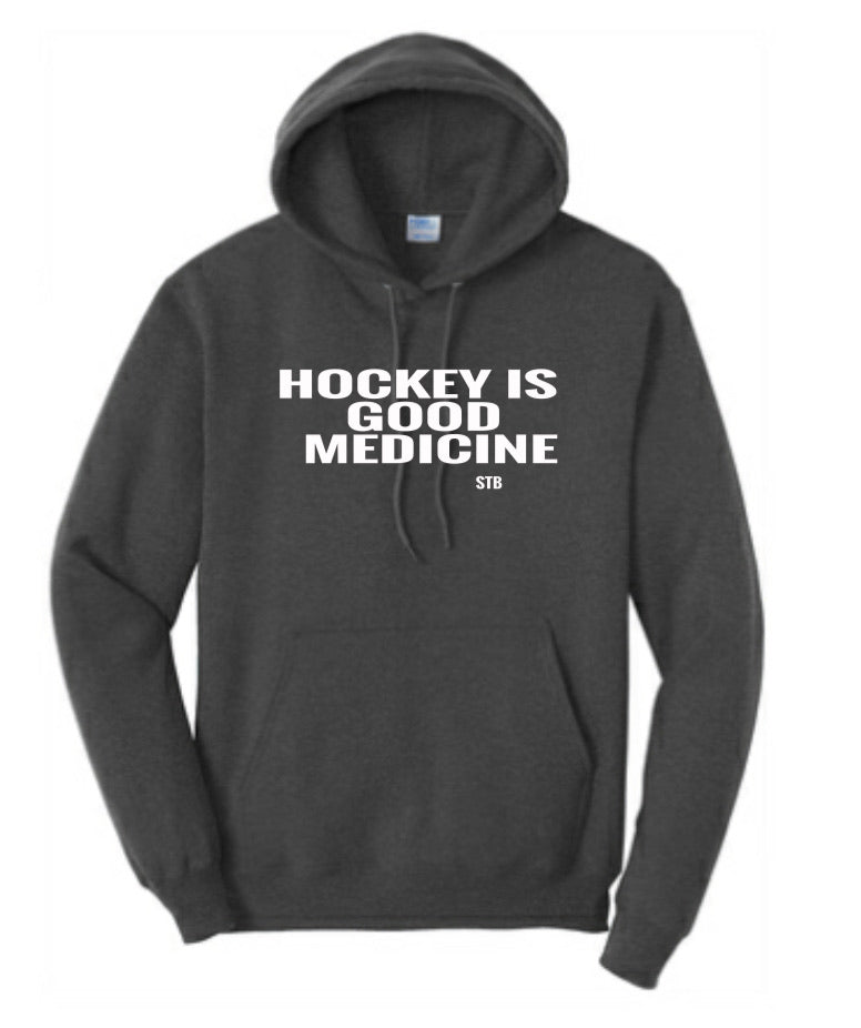 Hockey is Good Medicine Hoodie- Dark Grey